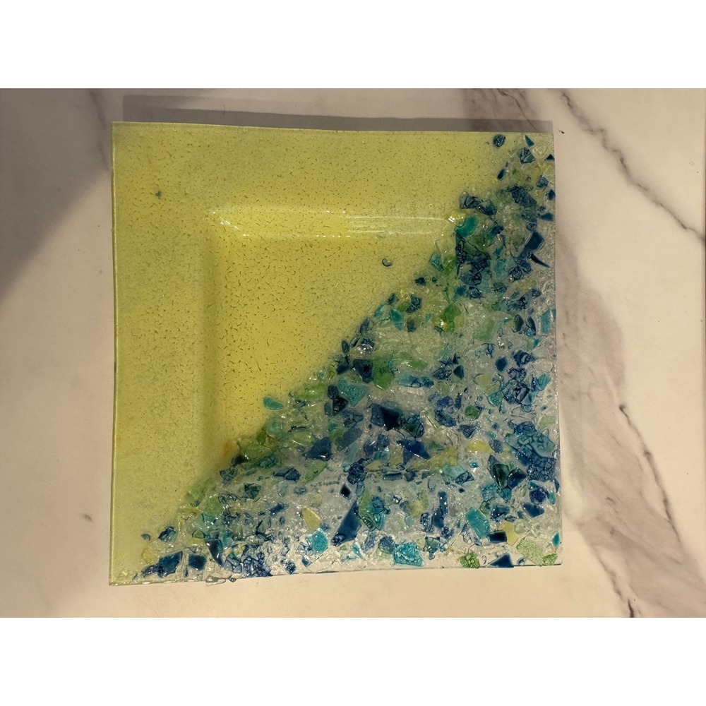 Handmade Fused Glass Square Plate Blue Green Yellow Crushed Glass Mosaic 8 Inch